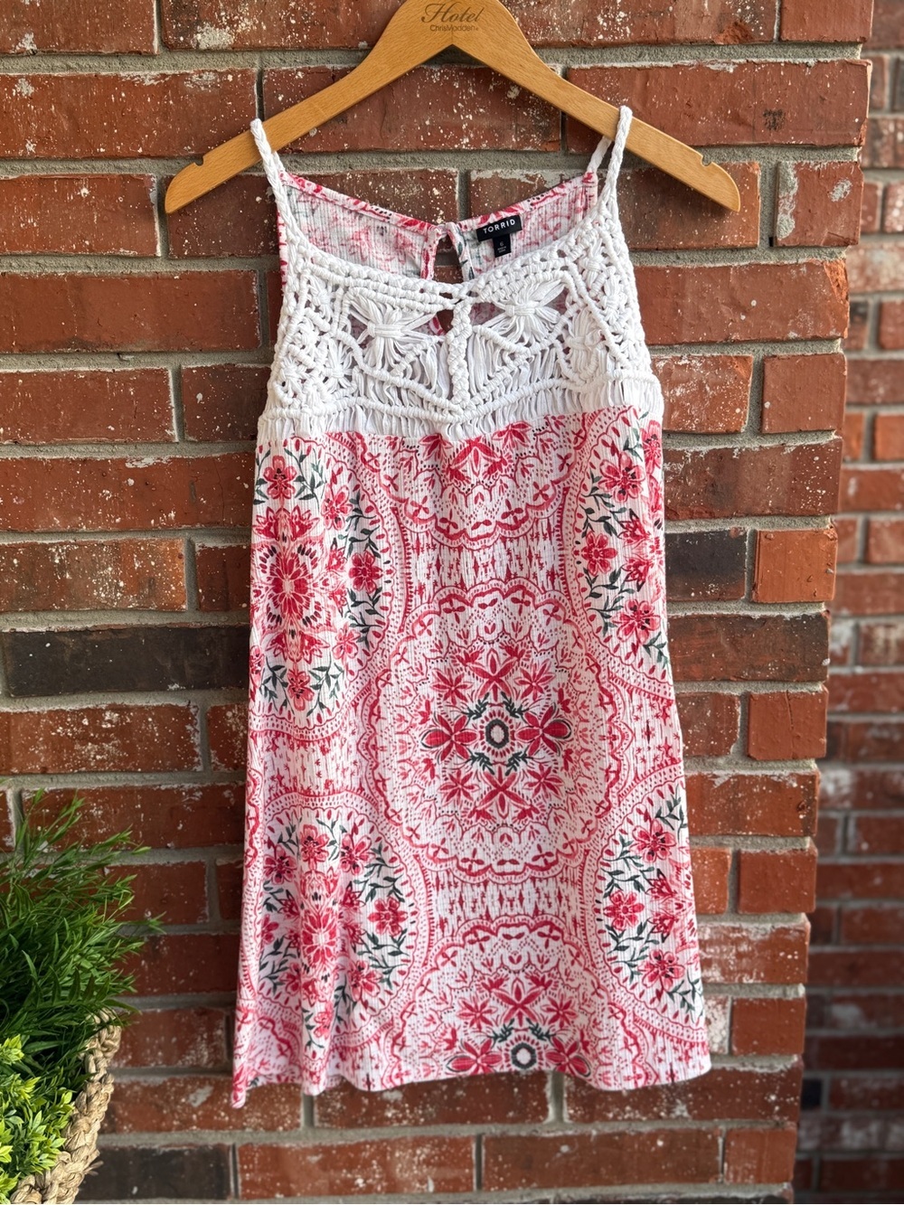 torrid White Crochet Yoke dress with Pink & Red Floral Print